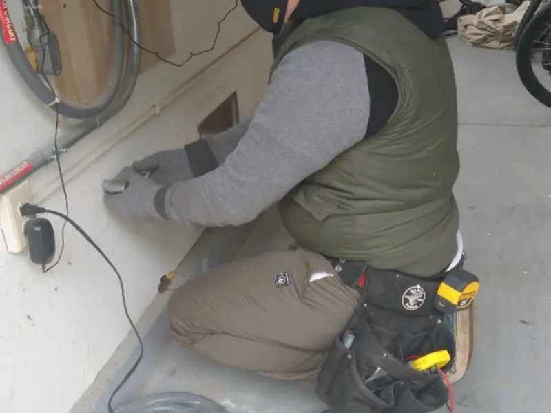 Electrician performing outlet wiring in a Lonoke garage